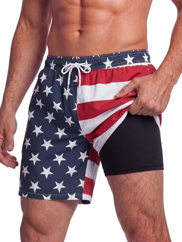 Mens Swim Trunks 7 Inch Swim Shorts with Compression Liner Lightweight Bathing Suit Quick Dry Beach Swimsuit Pocket in Kuwait