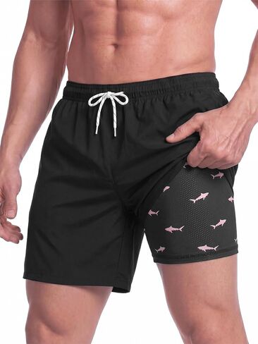 Mens Swim Trunks 7 Inch Swim Shorts with Compression Liner Lightweight Bathing Suit Quick Dry Beach Swimsuit Pocket in Kuwait