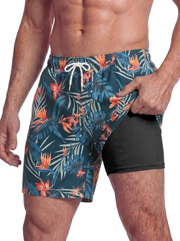 Mens Swim Trunks 7 Inch Swim Shorts with Compression Liner Lightweight Bathing Suit Quick Dry Beach Swimsuit Pocket in Kuwait