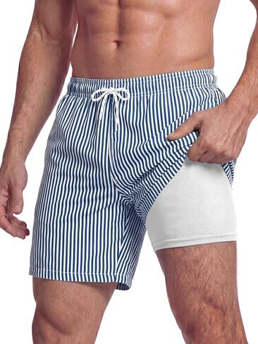 Mens Swim Trunks 7 Inch Swim Shorts with Compression Liner Lightweight Bathing Suit Quick Dry Beach Swimsuit Pocket in Kuwait