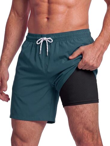 Mens Swim Trunks 7 Inch Swim Shorts with Compression Liner Lightweight Bathing Suit Quick Dry Beach Swimsuit Pocket in Kuwait