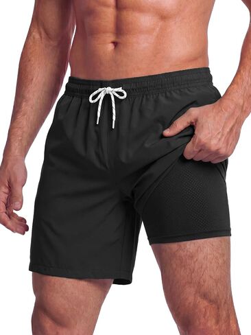 Mens Swim Trunks 7 Inch Swim Shorts with Compression Liner Lightweight Bathing Suit Quick Dry Beach Swimsuit Pocket in Kuwait