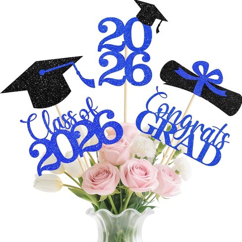 زخارف التخرج الزرقاء 2025 ، 20pcs فئة من 2025 التخرج المركزية للجداول ، القطع المركزية طاولة الدراسات على الوجهين مع العصي ، لوازم زخرفة الحفلات (Black & Blue) in Kuwait