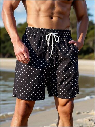 WDIRARA Men's Polka Dots Swim Trunks Drawstring Waist Beach Shorts Board Shorts with Pockets in Kuwait