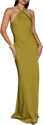 OYOANGLE Women's Satin Halter Maxi Dress Open Back Sleeveless Bodycon Evening Party Cocktail Wedding Guest Dress in Kuwait