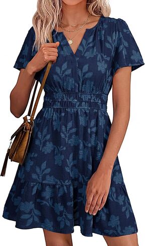 Simplee Womens Summer Floral Dress Casual Short Sleeve V Neck Empire Waist Boho Flowy A Line Mini Wedding Guest Dresses in Saudi Arabia
