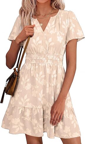 Simplee Womens Summer Floral Dress Casual Short Sleeve V Neck Empire Waist Boho Flowy A Line Mini Wedding Guest Dresses in Saudi Arabia