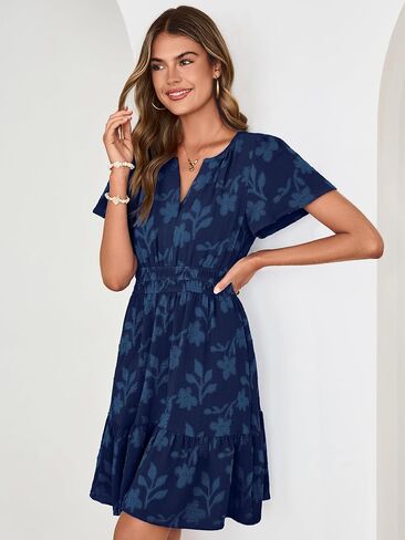 Simplee Womens Summer Floral Dress Casual Short Sleeve V Neck Empire Waist Boho Flowy A Line Mini Wedding Guest Dresses in Saudi Arabia