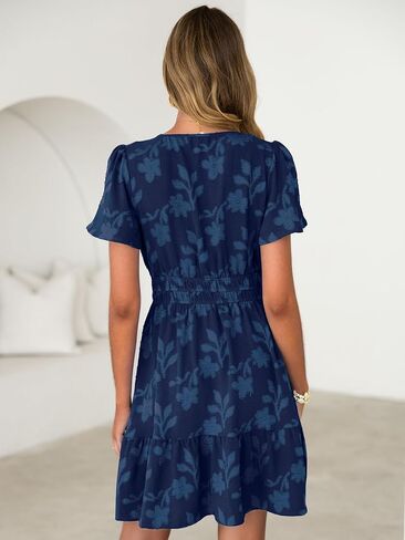 Simplee Womens Summer Floral Dress Casual Short Sleeve V Neck Empire Waist Boho Flowy A Line Mini Wedding Guest Dresses in Saudi Arabia