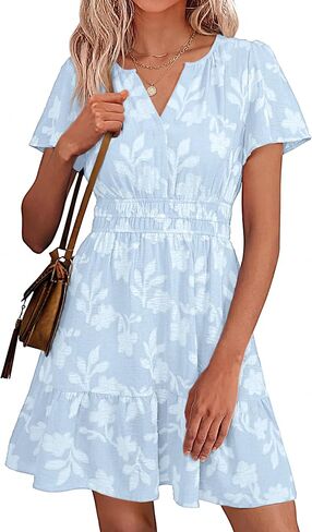 Simplee Womens Summer Floral Dress Casual Short Sleeve V Neck Empire Waist Boho Flowy A Line Mini Wedding Guest Dresses in Saudi Arabia