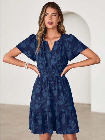 Simplee Womens Summer Floral Dress Casual Short Sleeve V Neck Empire Waist Boho Flowy A Line Mini Wedding Guest Dresses in Saudi Arabia