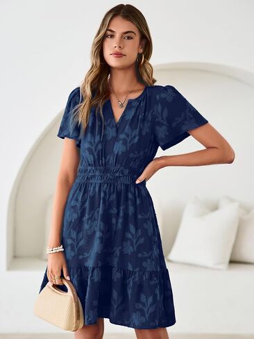 Simplee Womens Summer Floral Dress Casual Short Sleeve V Neck Empire Waist Boho Flowy A Line Mini Wedding Guest Dresses in Saudi Arabia