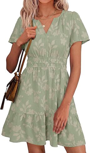 Simplee Womens Summer Floral Dress Casual Short Sleeve V Neck Empire Waist Boho Flowy A Line Mini Wedding Guest Dresses in Saudi Arabia