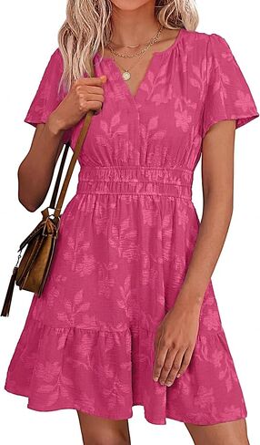 Simplee Womens Summer Floral Dress Casual Short Sleeve V Neck Empire Waist Boho Flowy A Line Mini Wedding Guest Dresses in Saudi Arabia