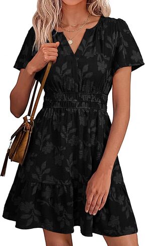 Simplee Womens Summer Floral Dress Casual Short Sleeve V Neck Empire Waist Boho Flowy A Line Mini Wedding Guest Dresses in Saudi Arabia