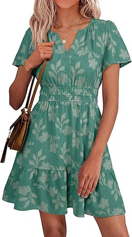 Simplee Womens Summer Floral Dress Casual Short Sleeve V Neck Empire Waist Boho Flowy A Line Mini Wedding Guest Dresses in Saudi Arabia