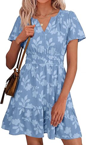 Simplee Womens Summer Floral Dress Casual Short Sleeve V Neck Empire Waist Boho Flowy A Line Mini Wedding Guest Dresses in Saudi Arabia