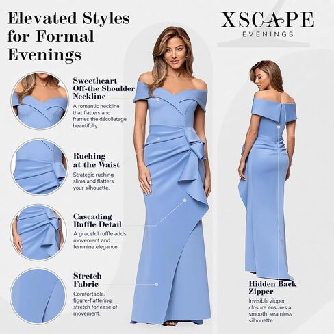 فستان سهرة رسمي نسائي طويل من Xscape مكشوف الكتفين على شكل قلب مع تفاصيل مكشكشة وثنيات in Kuwait