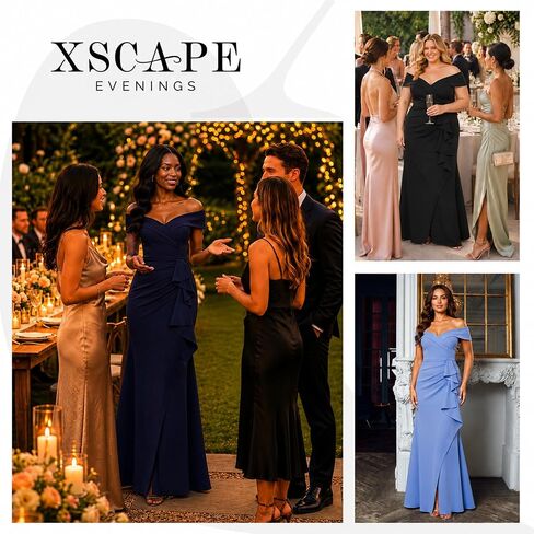 فستان سهرة رسمي نسائي طويل من Xscape مكشوف الكتفين على شكل قلب مع تفاصيل مكشكشة وثنيات in Kuwait