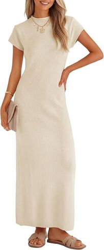 ZESICA Womens Summer Bodycon Maxi Dress 2026 Business Casual Short Sleeve Crewneck Knit Slit Spring Sweater Dresses in Kuwait