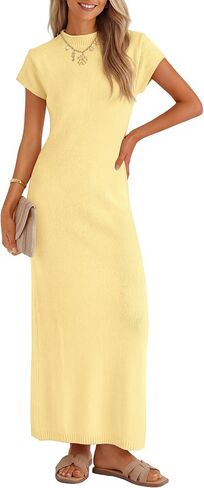 ZESICA Womens Summer Bodycon Maxi Dress 2026 Business Casual Short Sleeve Crewneck Knit Slit Spring Sweater Dresses in Kuwait