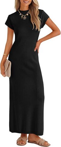 ZESICA Womens Summer Bodycon Maxi Dress 2026 Business Casual Short Sleeve Crewneck Knit Slit Spring Sweater Dresses in Kuwait