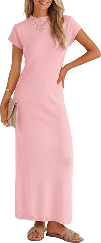 ZESICA Womens Summer Bodycon Maxi Dress 2026 Business Casual Short Sleeve Crewneck Knit Slit Spring Sweater Dresses in Kuwait