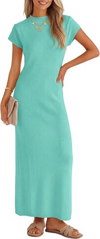 ZESICA Womens Summer Bodycon Maxi Dress 2026 Business Casual Short Sleeve Crewneck Knit Slit Spring Sweater Dresses in Kuwait