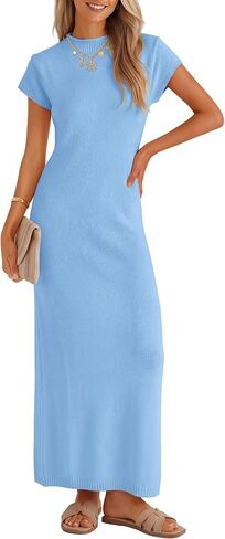 ZESICA Womens Summer Bodycon Maxi Dress 2026 Business Casual Short Sleeve Crewneck Knit Slit Spring Sweater Dresses in Kuwait