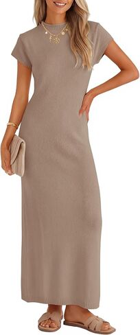 ZESICA Womens Summer Bodycon Maxi Dress 2026 Business Casual Short Sleeve Crewneck Knit Slit Spring Sweater Dresses in Kuwait