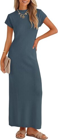 ZESICA Womens Summer Bodycon Maxi Dress 2026 Business Casual Short Sleeve Crewneck Knit Slit Spring Sweater Dresses in Kuwait