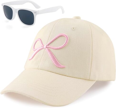 Girls Bow Tie Baseball Cap Kids Embroidered Hat Sunglasses Set Adjustable Cotton Travel Sun Hats Age 7-12 in Kuwait