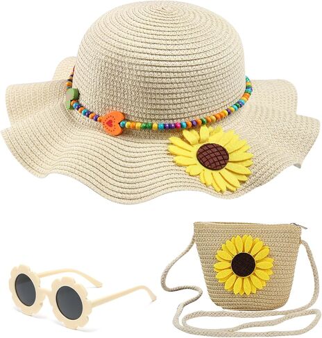 Girls Straw Hat with Bag Sunglasses Set for Kids Summer Sunflower Beach Straw Sun Wide Brim Hats Age 2-6 in Kuwait