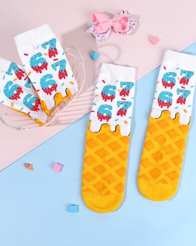 Funny 6 7 Ice Cream Socks for Girls Boys, Crazy Silly Number Six Seven Meme Crew Socks, Novelty Ice Cream Drip Baseball Cotton Sock White Elephant Gifts for Adults Teens Stocking Stuffers in Saudi Arabia