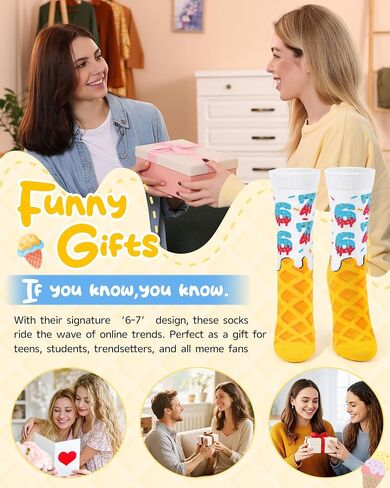 Funny 6 7 Ice Cream Socks for Girls Boys, Crazy Silly Number Six Seven Meme Crew Socks, Novelty Ice Cream Drip Baseball Cotton Sock White Elephant Gifts for Adults Teens Stocking Stuffers in Saudi Arabia