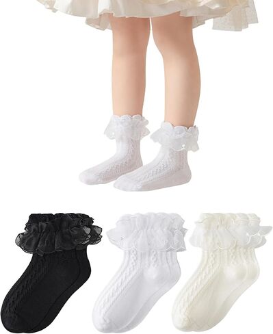 Yawlsow Girls Cute Ruffle Socks, Lace Frilly Dress Socks for Little Girl,Kids Cotton Lolita Sock for School Princess Parties in Saudi Arabia