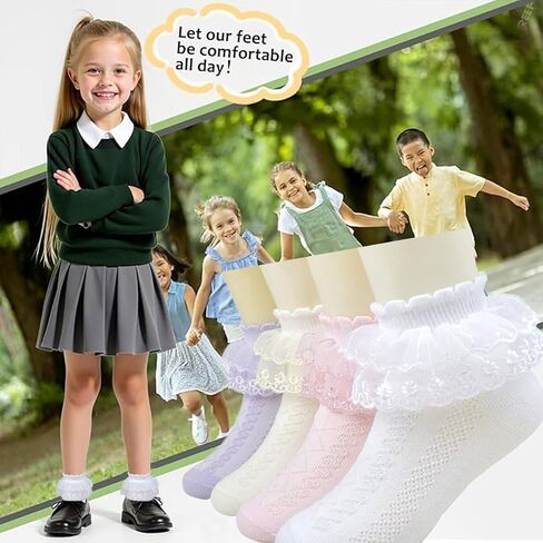 10 Pairs Double-Layer Lace Ruffle Socks – Competition Performance Ruffle Trim Dress Socks for Toddlers & Teens in Saudi Arabia