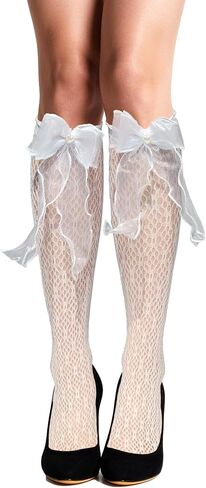 Women's Lolita Knee High Socks Cute Ruffled Fishnet Stockings with Bows Lace Trim Hosiery for Party, Daily Wear in Saudi Arabia