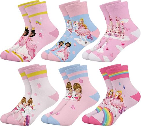 Girls Socks Bow Butterfly Princess Castle Printed Pattern Cute Crew Ankle Socks 6 Pairs 3-14Y Kids Birthday Gift in Saudi Arabia