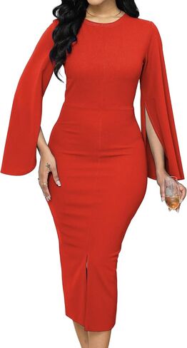 Women Church Dresses Bodycon Work Dress Bell Long Sleeve Round Neck Business Pencil Dresses in Saudi Arabia