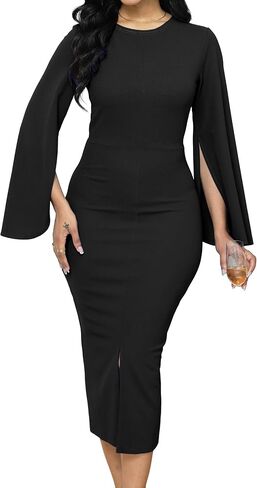 Women Church Dresses Bodycon Work Dress Bell Long Sleeve Round Neck Business Pencil Dresses in Saudi Arabia