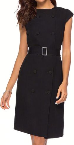 Women's Wear to Work Dresses with Belt, Business Office Button Dresses Cap Sleeve Sheath Midi Church Dresses in Kuwait
