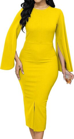Women Church Dresses Bodycon Work Dress Bell Long Sleeve Round Neck Business Pencil Dresses in Saudi Arabia