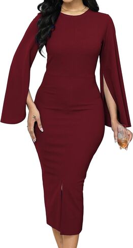 Women Church Dresses Bodycon Work Dress Bell Long Sleeve Round Neck Business Pencil Dresses in Saudi Arabia