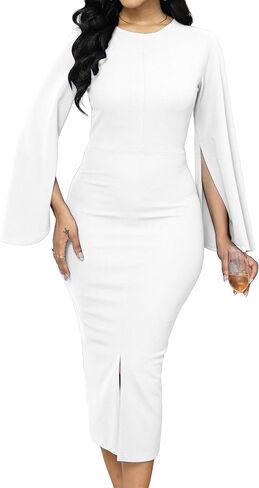 Women Church Dresses Bodycon Work Dress Bell Long Sleeve Round Neck Business Pencil Dresses in Saudi Arabia