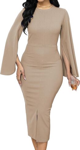 Women Church Dresses Bodycon Work Dress Bell Long Sleeve Round Neck Business Pencil Dresses in Saudi Arabia
