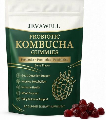 Jevawell Probiotic Kombucha Gummies, with Prebiotics, Probiotics, Postbiotics, Digestive, Gut Health, Bloating Comfort & Microbiome Support, Vegan, Non-GMO, 60 Gummies in Saudi Arabia