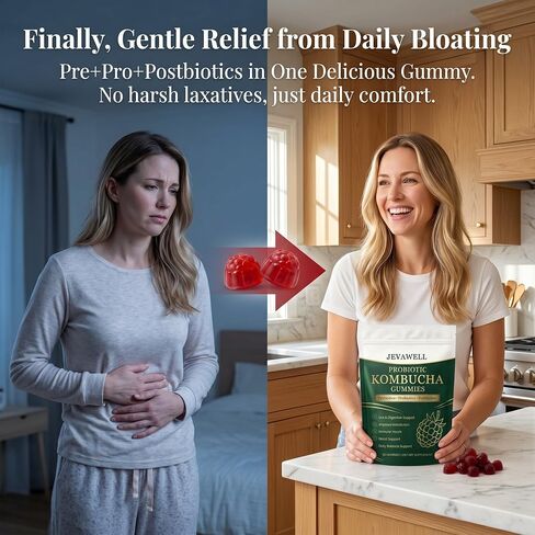 Jevawell Probiotic Kombucha Gummies, with Prebiotics, Probiotics, Postbiotics, Digestive, Gut Health, Bloating Comfort & Microbiome Support, Vegan, Non-GMO, 60 Gummies in Saudi Arabia