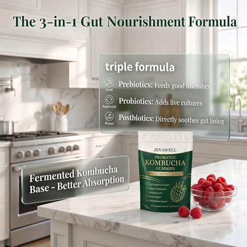 Jevawell Probiotic Kombucha Gummies, with Prebiotics, Probiotics, Postbiotics, Digestive, Gut Health, Bloating Comfort & Microbiome Support, Vegan, Non-GMO, 60 Gummies in Saudi Arabia