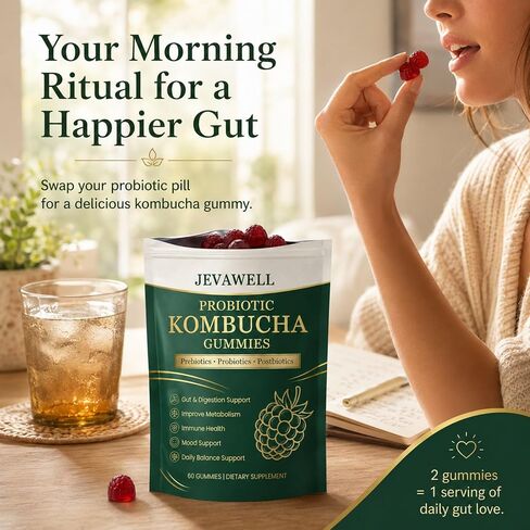 Jevawell Probiotic Kombucha Gummies, with Prebiotics, Probiotics, Postbiotics, Digestive, Gut Health, Bloating Comfort & Microbiome Support, Vegan, Non-GMO, 60 Gummies in Saudi Arabia